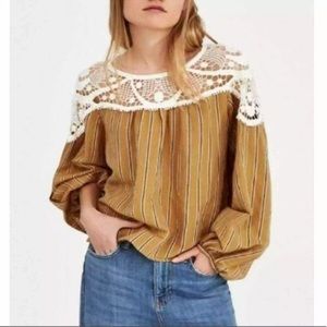 Zara Woman Woven Crochet Long Sleeve Striped Top Medium
